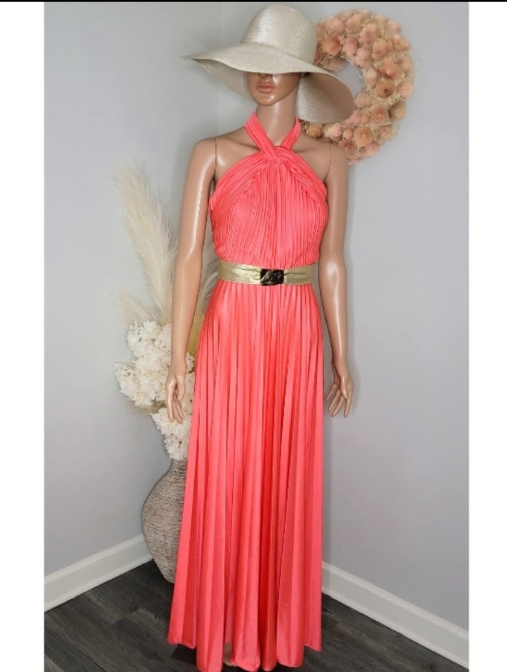 Vintage 70's Coral Cross Halter Open Back Accordion Long Maxi Dress